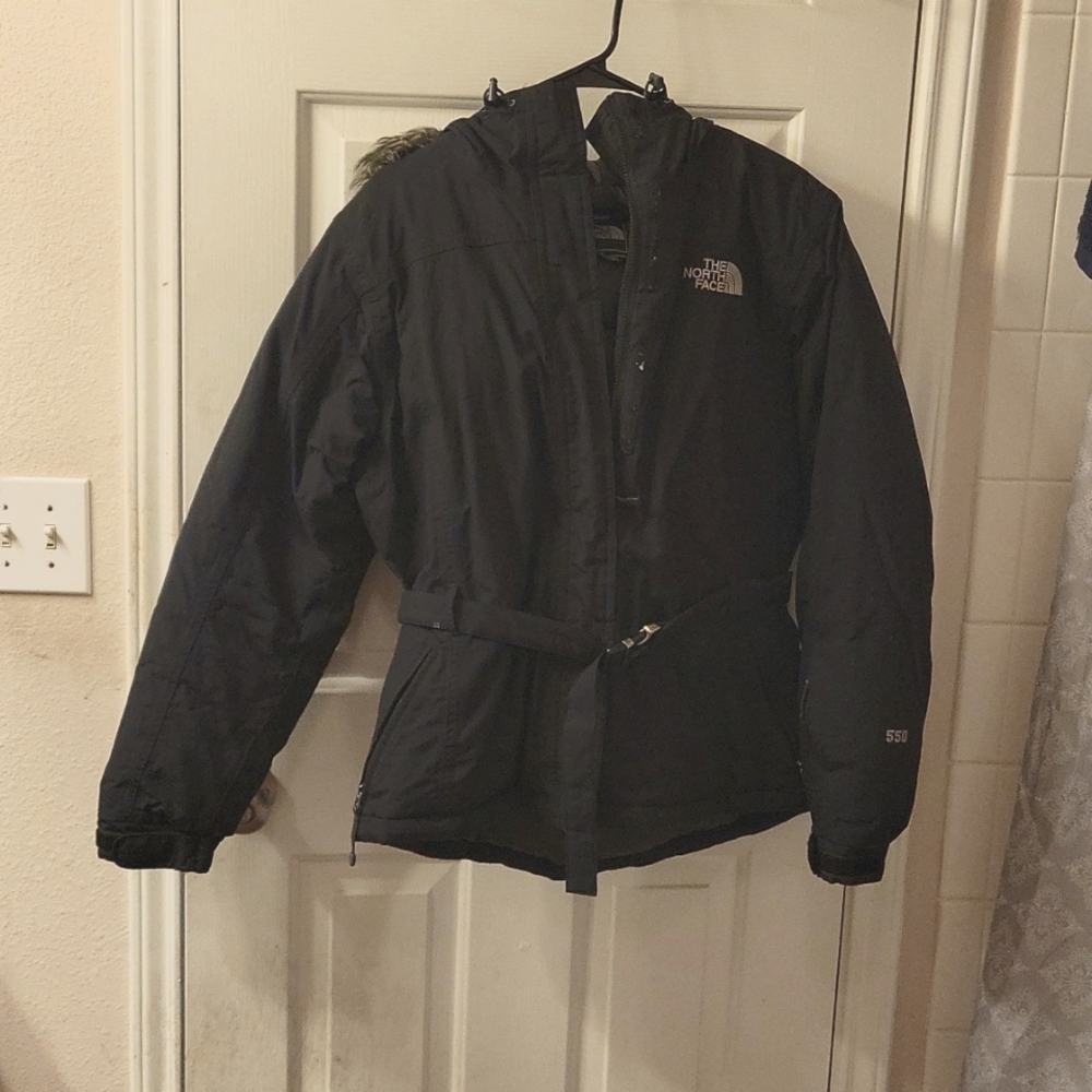 North Face black ski coat with belt and fur hoodie.